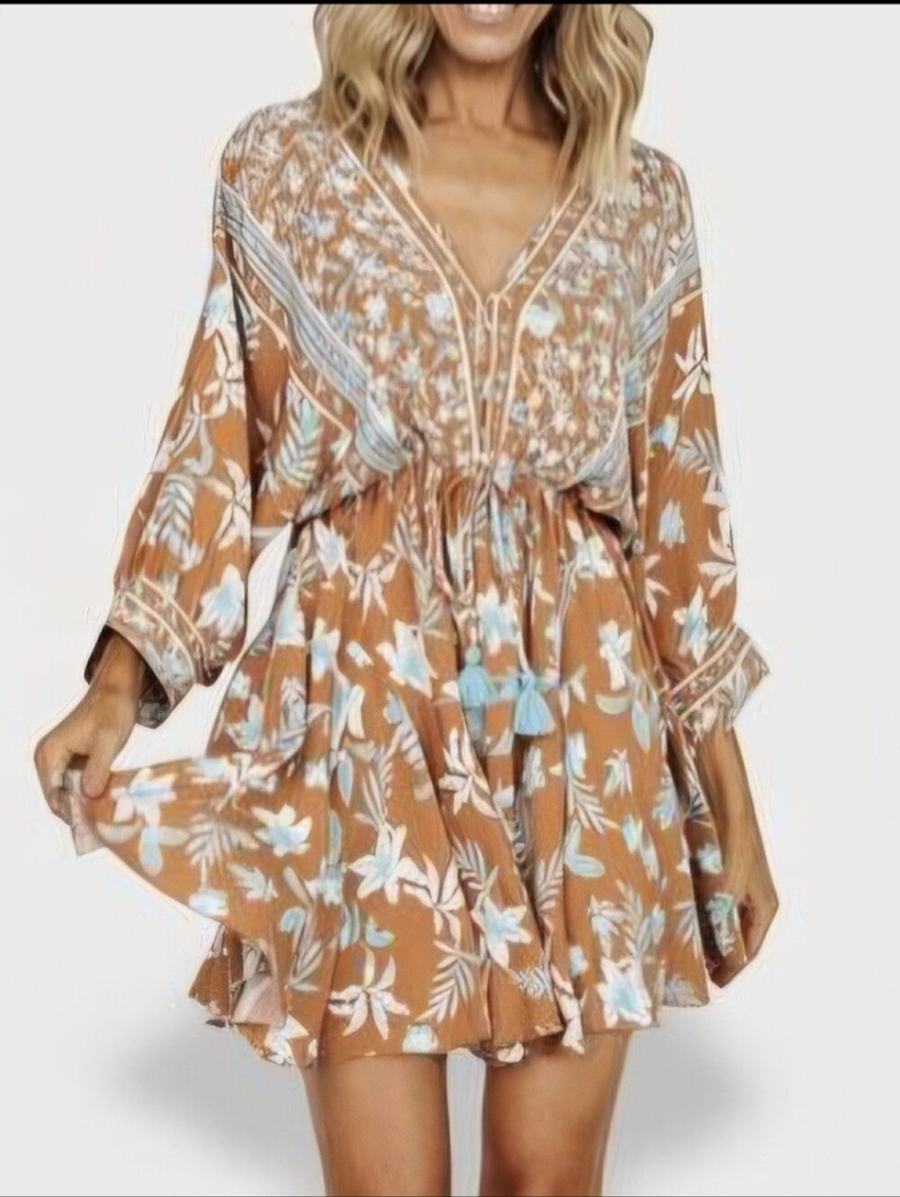 Baltic Born Rust Mini Dress with Light Blue Floral Print-Size:M